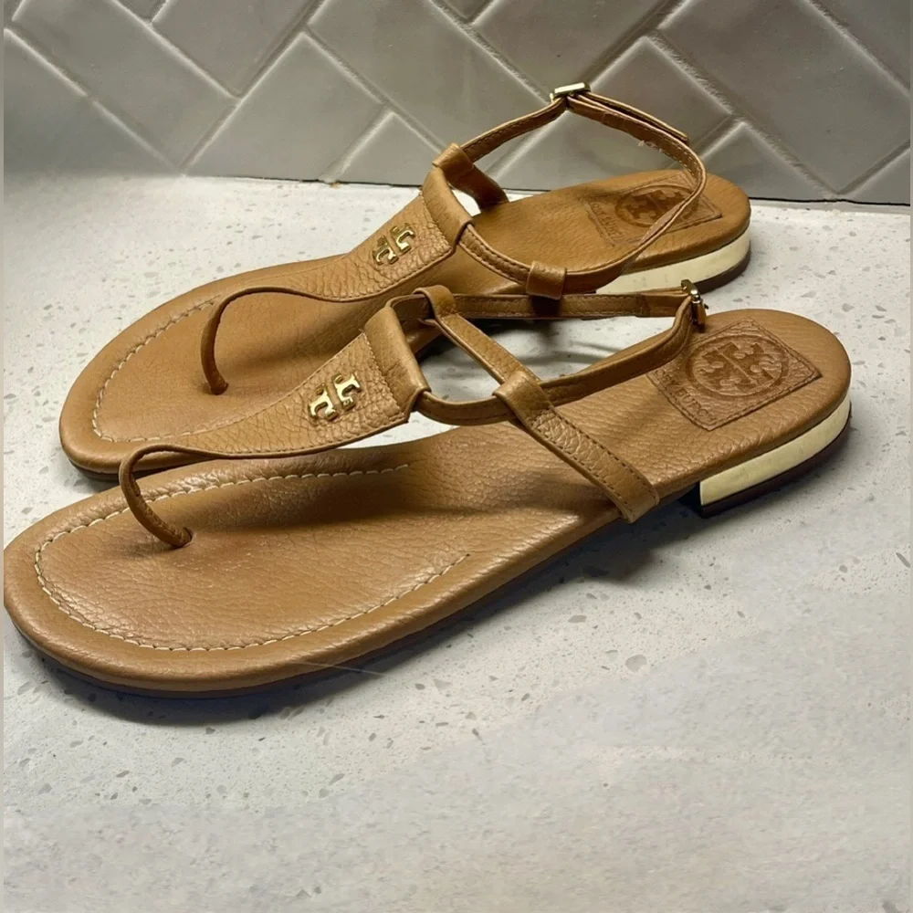 Tory Burch Tan Leather T Strap Sandals Gold Logo Size 8.5